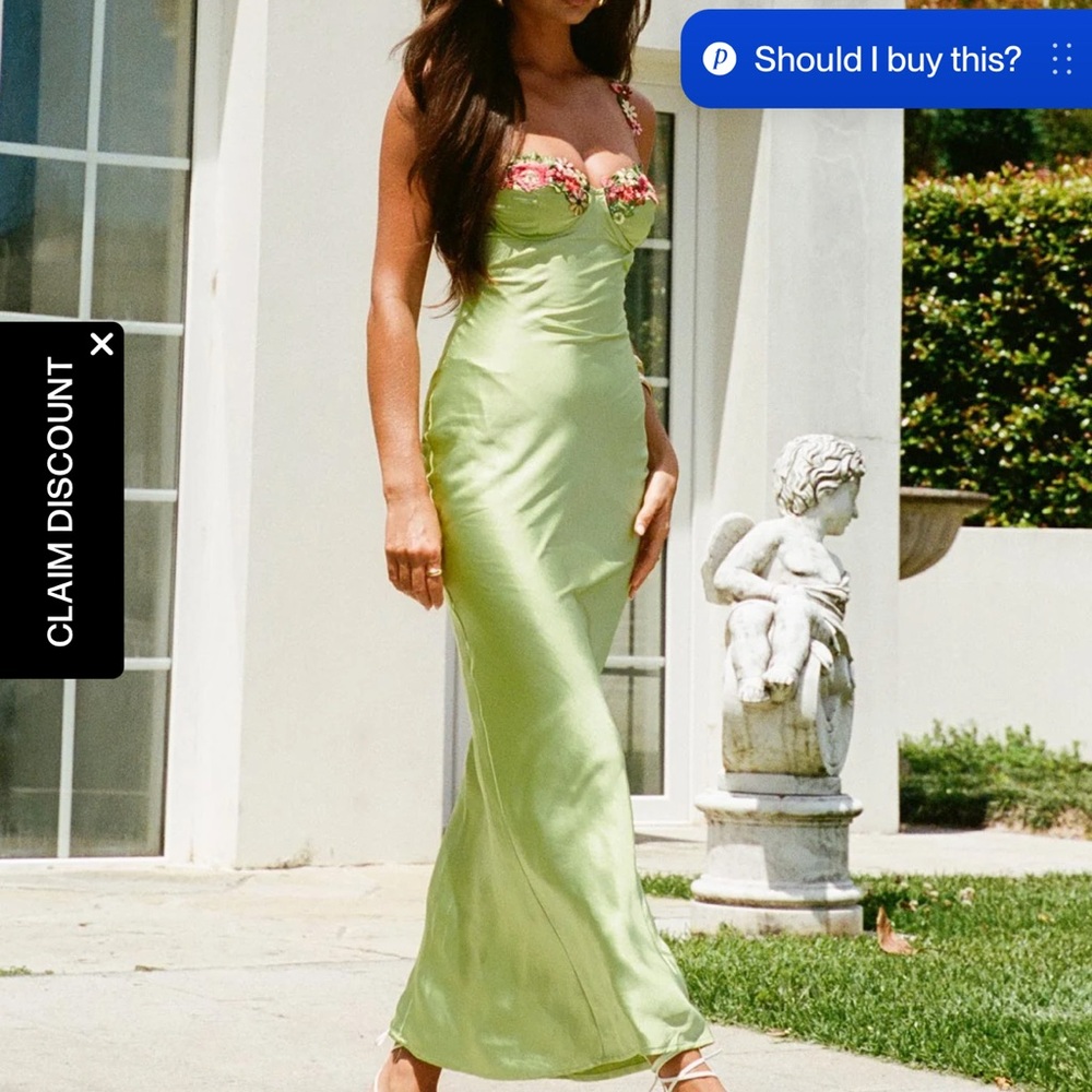 Princess Polly Light Green Satin Maxi Dress with Floral Bust